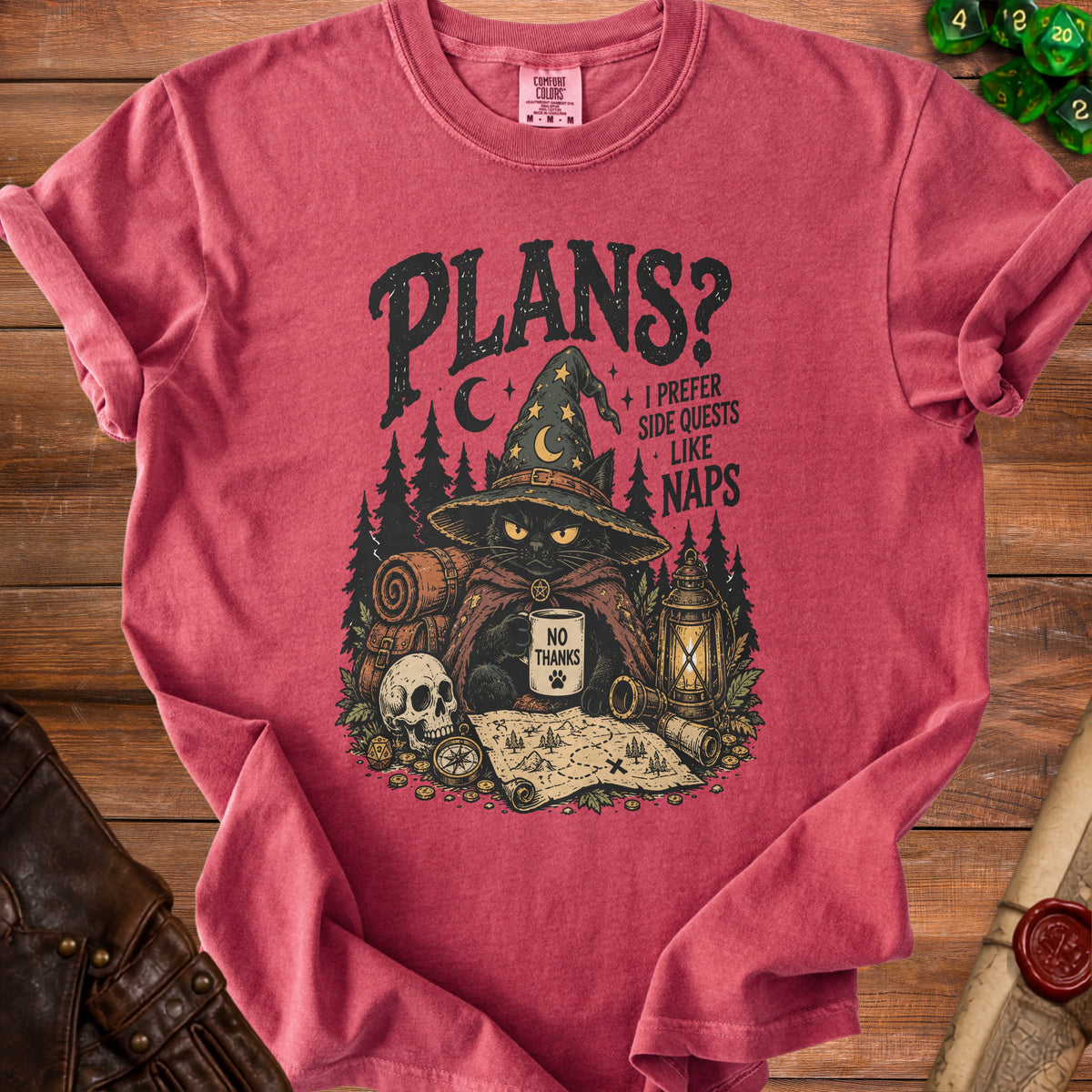Graphic tee with black cat in wizard hat holding mug that says "No Thanks."