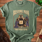 Green t-shirt with text "Restore Mana Then Speak to Me" and wizard graphic.