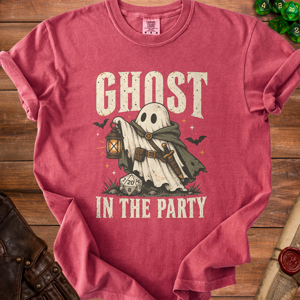 Ghost holding lantern with "Ghost In The Party" text, next to dice.