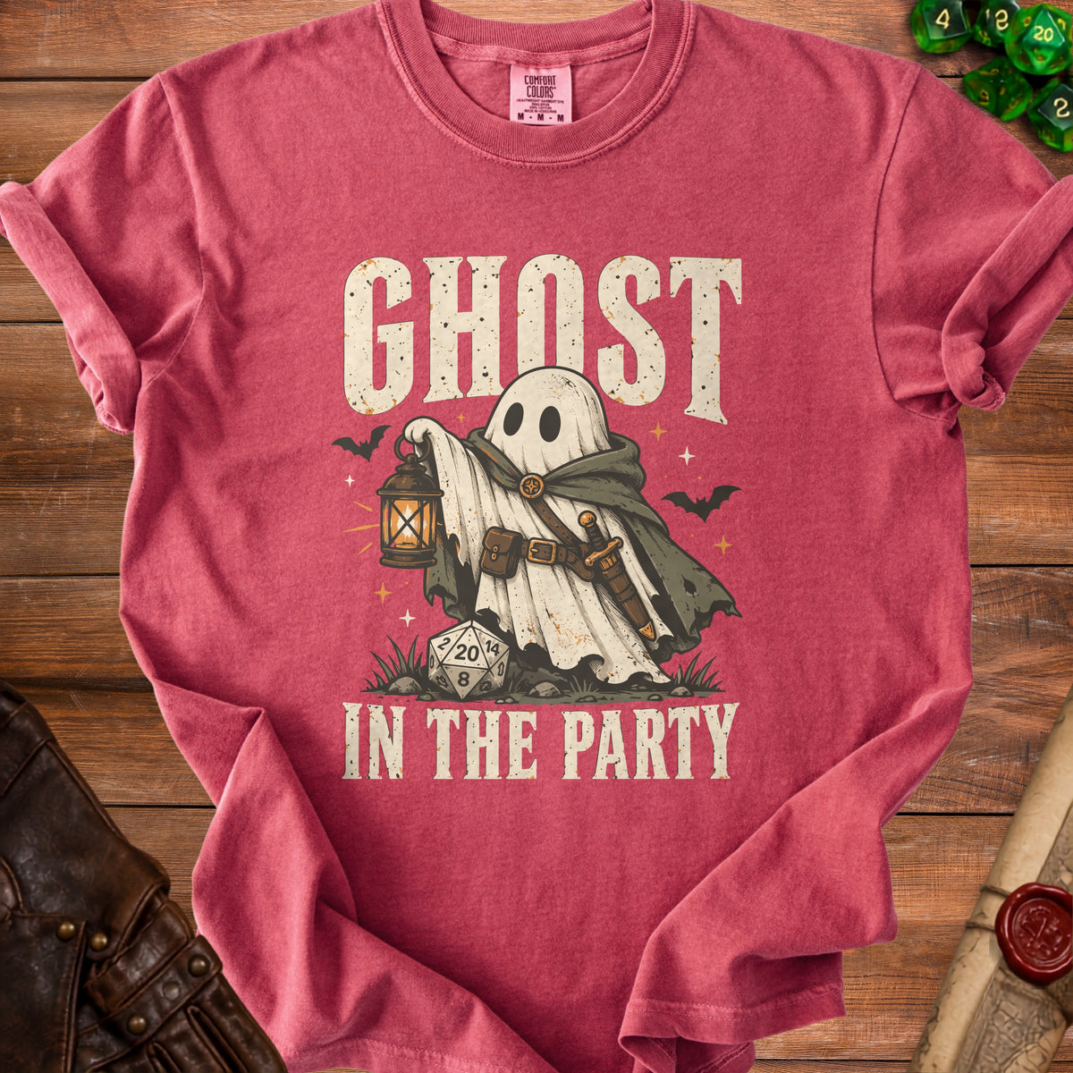 Ghost holding lantern with "Ghost In The Party" text, next to dice.