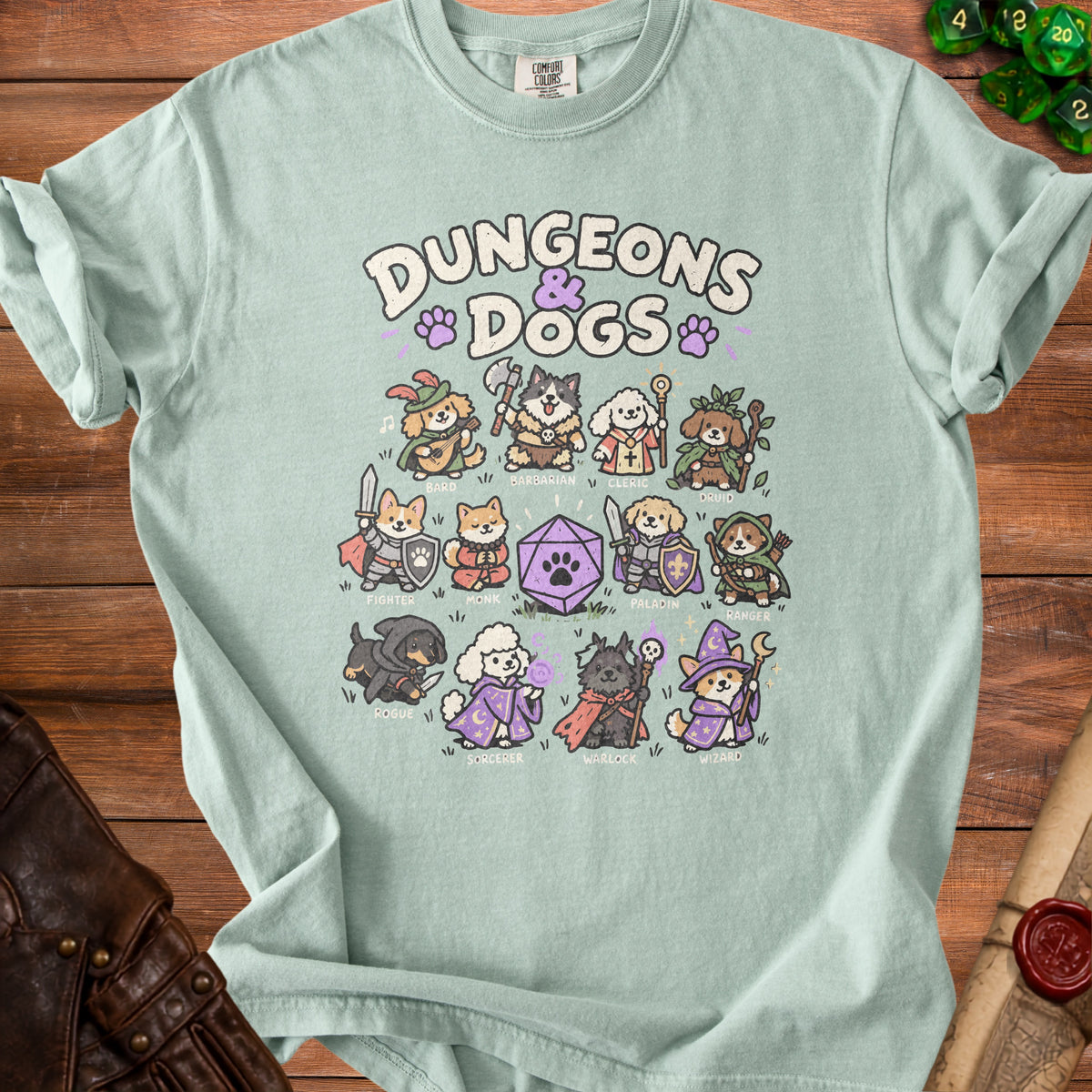 T-shirt with "Dungeons & Dogs" title and various dog characters dressed as fantasy classes.