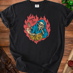 Black t-shirt with Grim Reaper reading a book, "Summon Me Later" text.