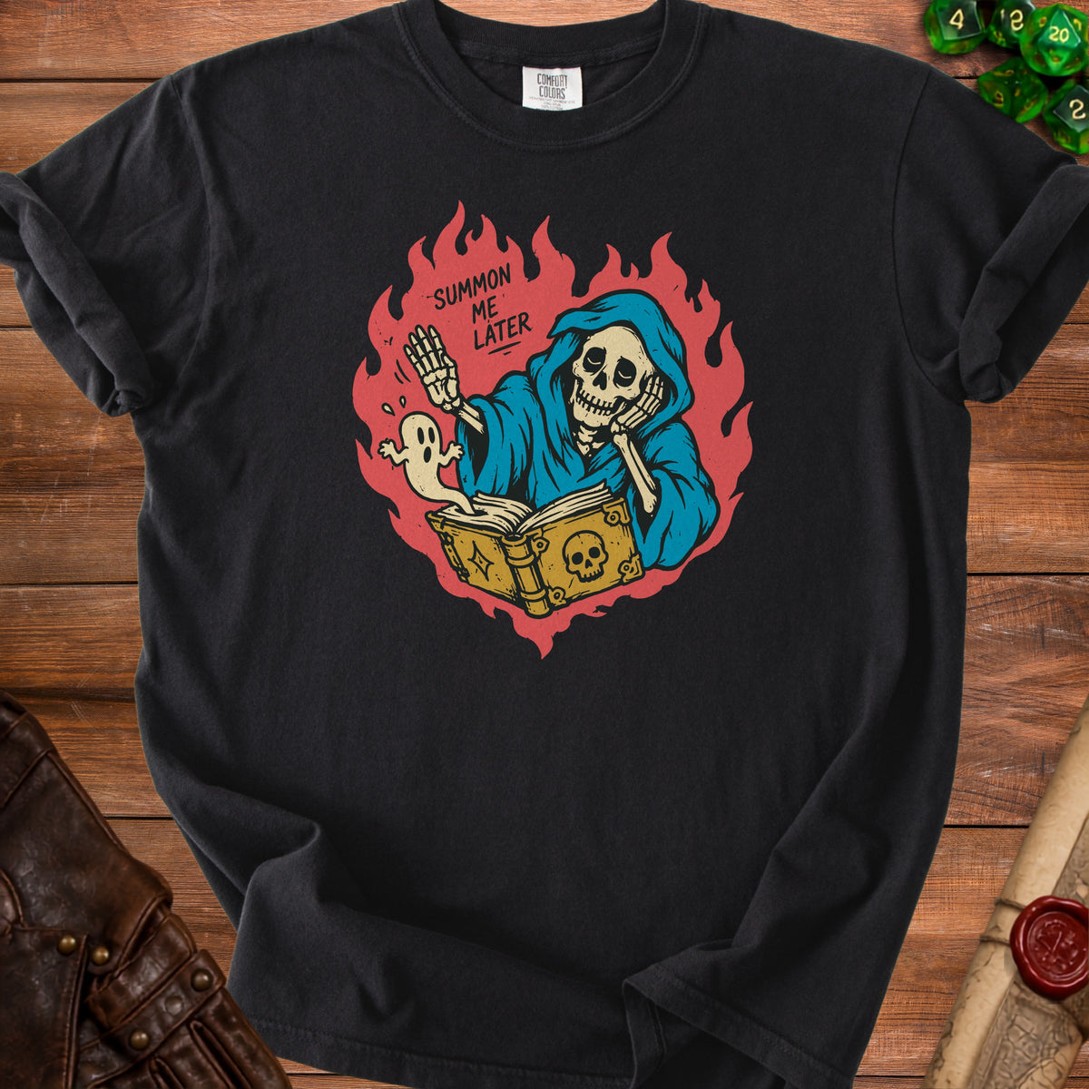 Black t-shirt with Grim Reaper reading a book, "Summon Me Later" text.