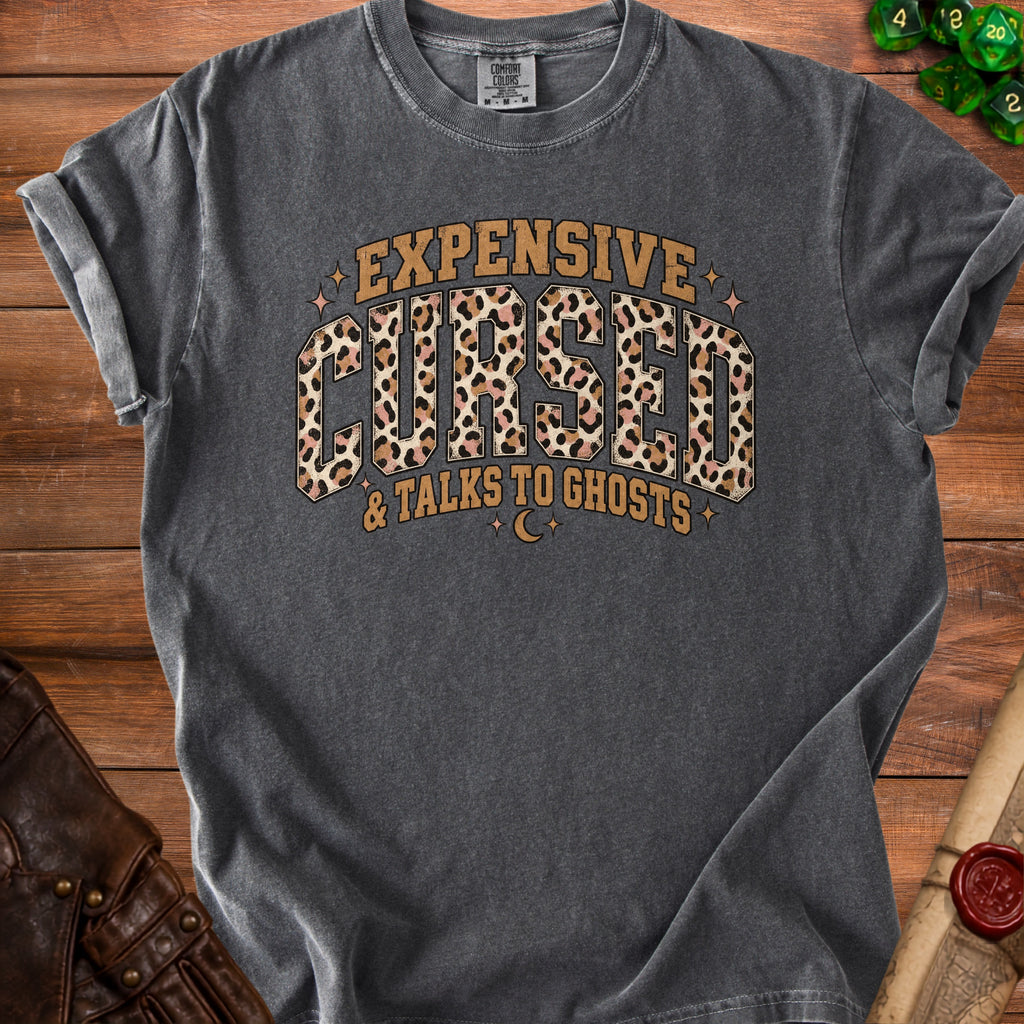 Gray t-shirt with "Expensive Cursed & Talks to Ghosts" text and leopard print.