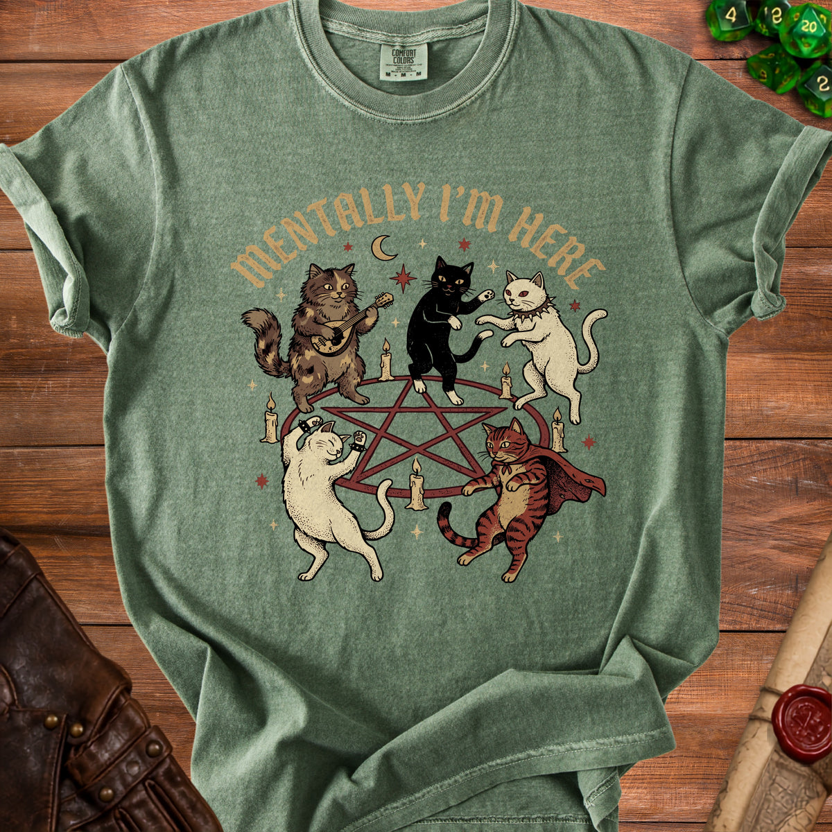 Cats dance in a circle around a pentagram, with text "Mentally I'm Here".