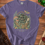 T-shirt with "Foraging for Loot" text and D20 dice, mushrooms, and moth graphic.
