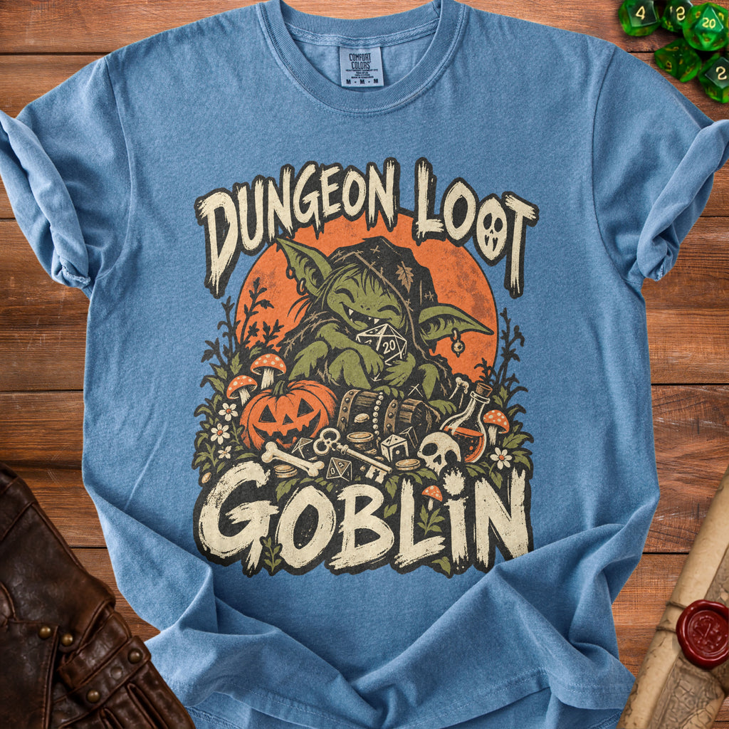 Blue t-shirt with "Dungeon Loot Goblin" graphic featuring a goblin, treasure, and Halloween elements.