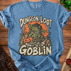 Blue t-shirt with "Dungeon Loot Goblin" graphic featuring a goblin, treasure, and Halloween elements.