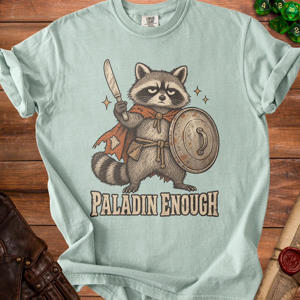 Raccoon paladin wearing a cape, holding a sword and shield, with "PALADIN ENOUGH" text.