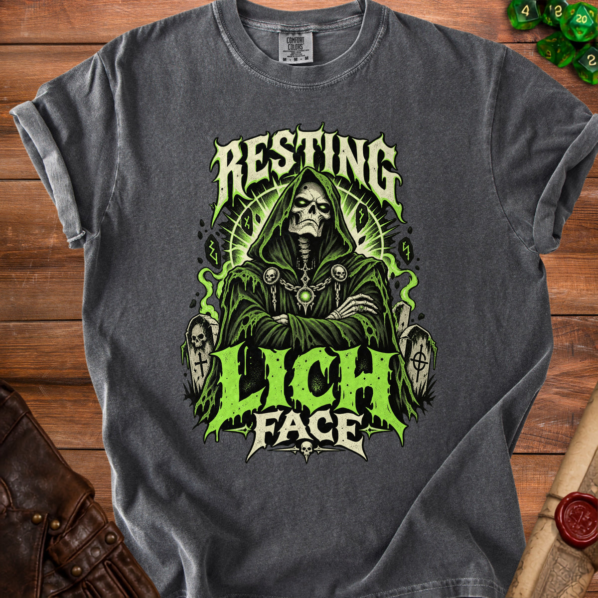 Dark grey t-shirt with a grim reaper graphic and text "RESTING LICH FACE".
