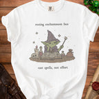 White t-shirt with a bored goblin wizard, spells, and "cast spells, not effort" text.