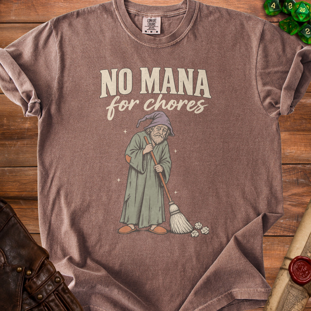 Brown t-shirt with text "NO MANA for chores" and wizard illustration.
