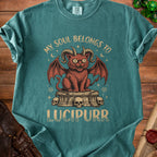 Green t-shirt with "My Soul Belongs To Lucipurr" text and demonic cat graphic.