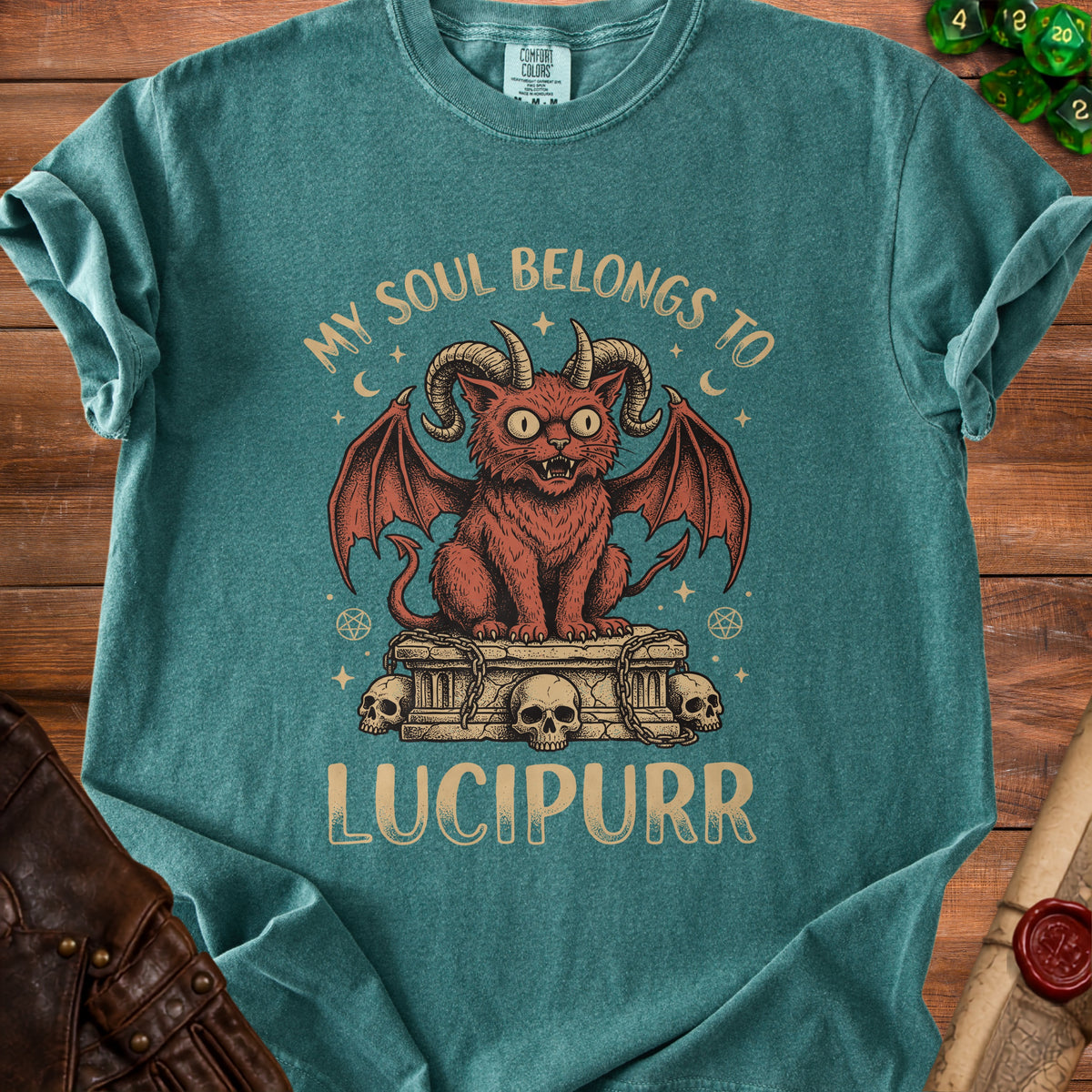 Green t-shirt with "My Soul Belongs To Lucipurr" text and demonic cat graphic.