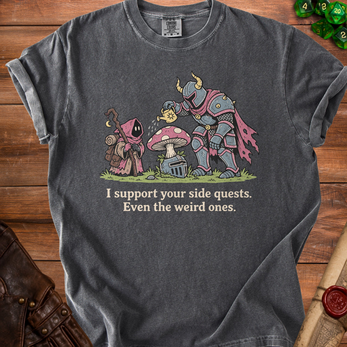 A knight waters a mushroom with a wizard nearby, text reads "I support your side quests."