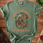 Green t-shirt with shield graphic: cat in armor, dice, moon, text "Easily Distracted by Cats & Dice".