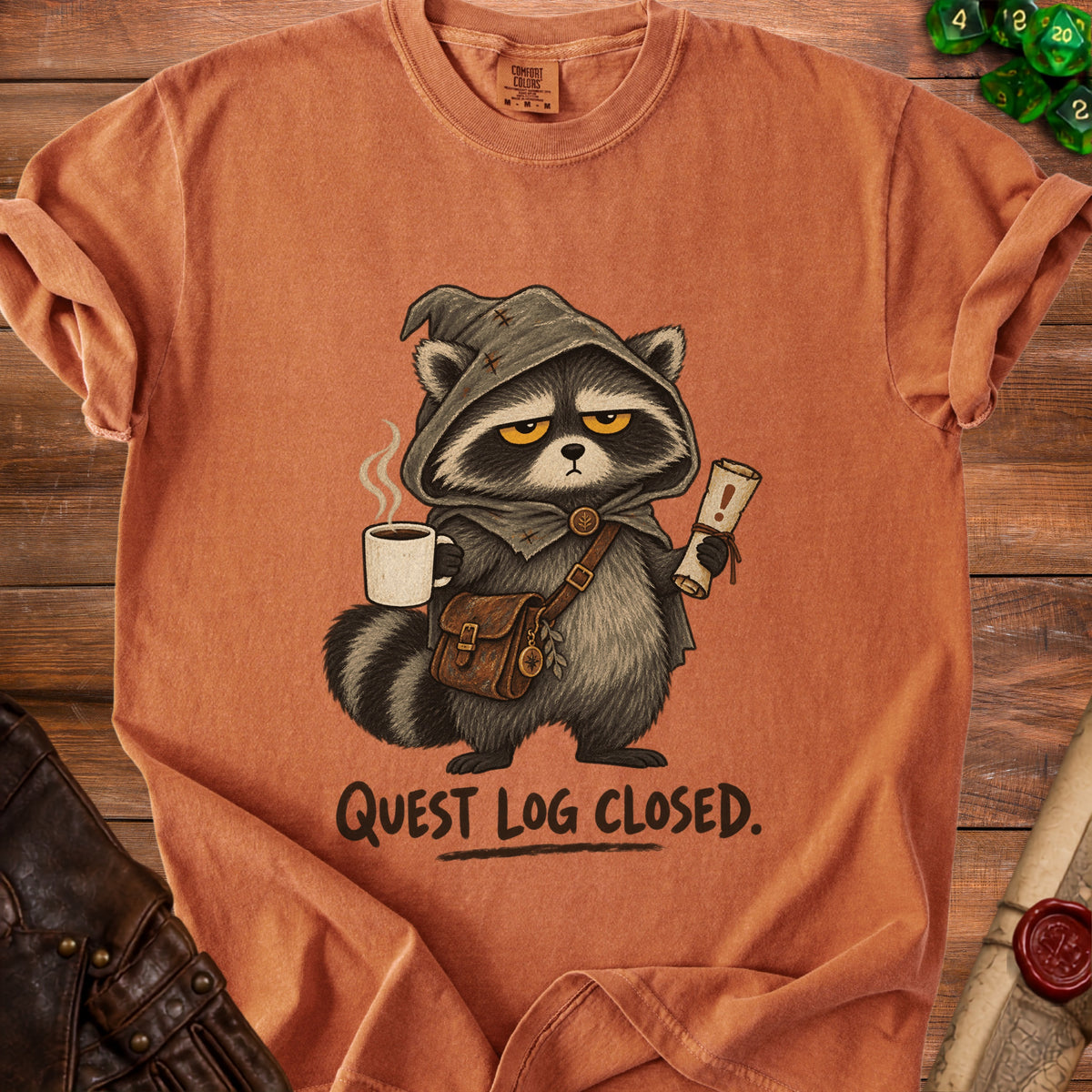 Raccoon in a hooded cloak holds coffee and a scroll with "Quest Log Closed."
