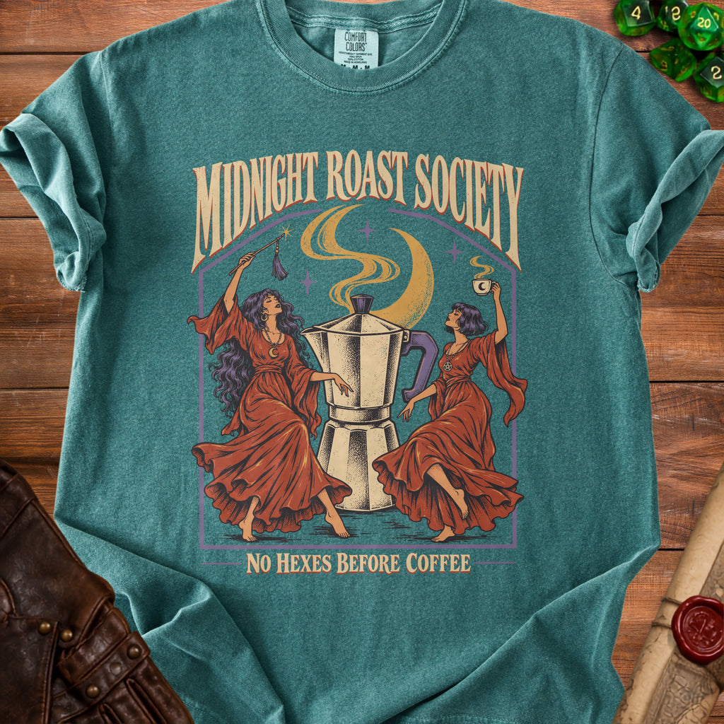 T-shirt with "Midnight Roast Society" and "No Hexes Before Coffee" text.