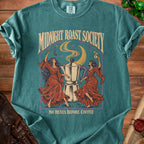 T-shirt with "Midnight Roast Society" and "No Hexes Before Coffee" text.