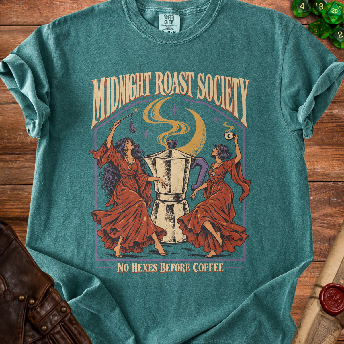 T-shirt with "Midnight Roast Society" and "No Hexes Before Coffee" text.