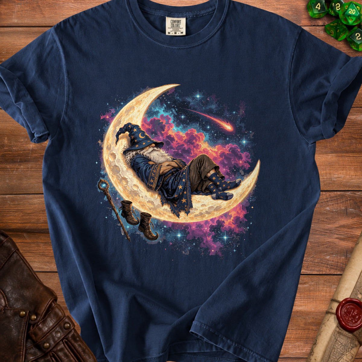 Wizard sleeping on moon with celestial background, staff and boots.