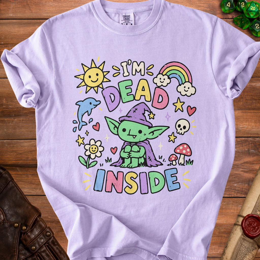 Lavender t-shirt with a cartoon goblin and text "I'M DEAD INSIDE".