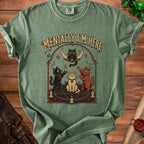 Green t-shirt with "Mentally I'm Here" text and occult cat graphic.