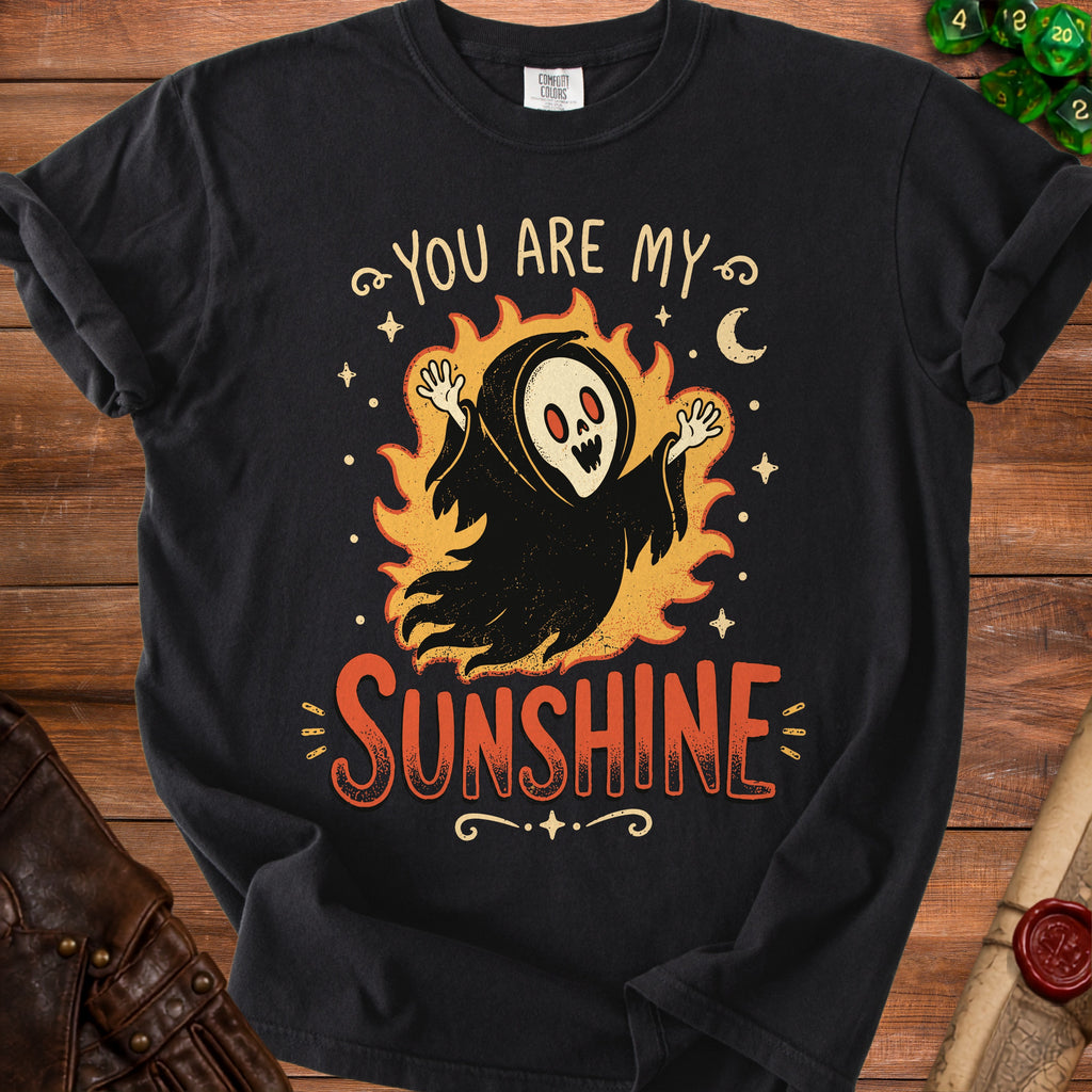Black t-shirt with a ghost surrounded by flames and text "You Are My Sunshine."