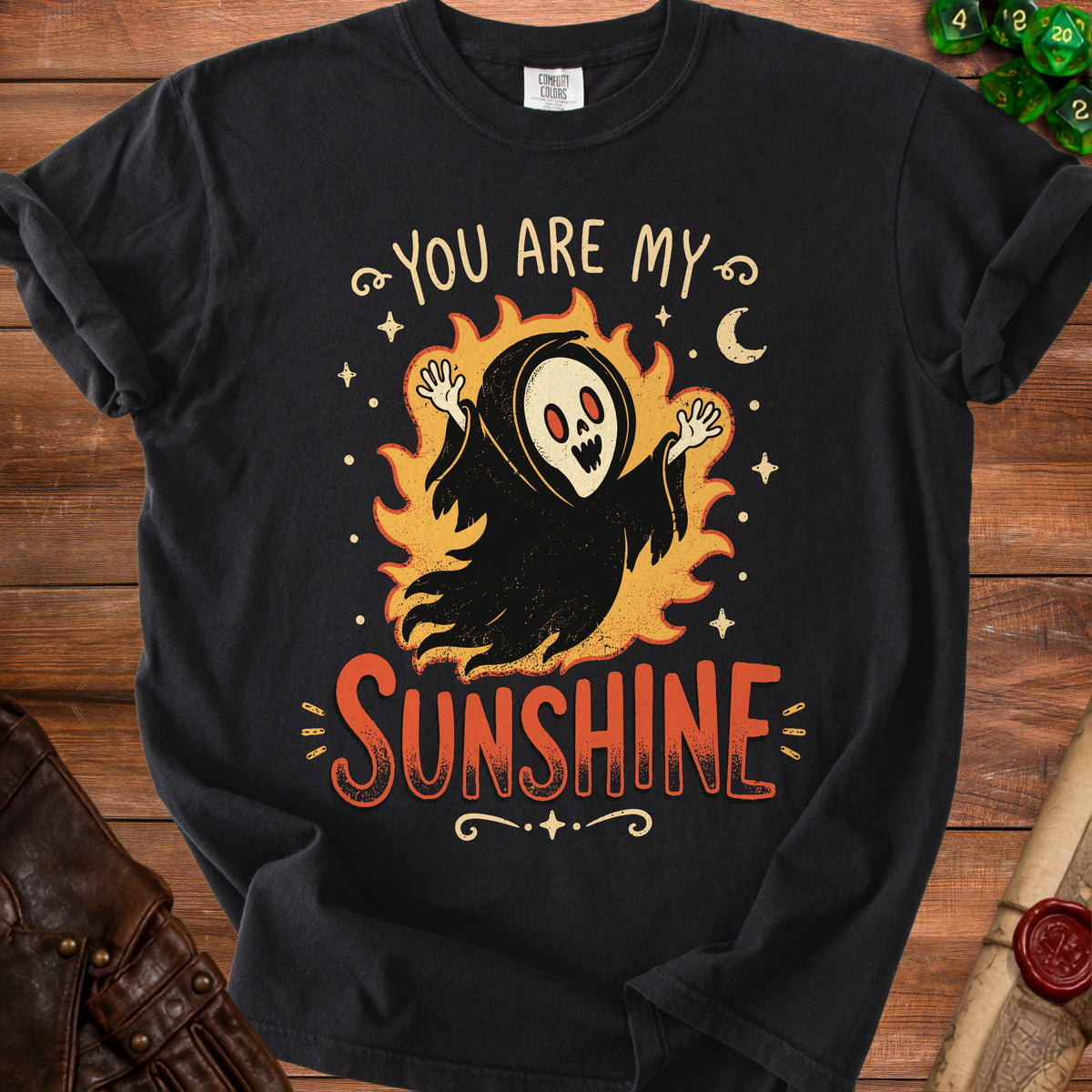 Black t-shirt with a ghost surrounded by flames and text "You Are My Sunshine."