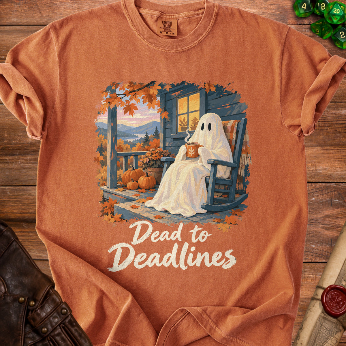 Ghost sitting on porch in rocking chair holding a mug, text "Dead to Deadlines".