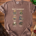 T-shirt with "Party Alignment" text and illustrations of dogs representing different D&D alignments.