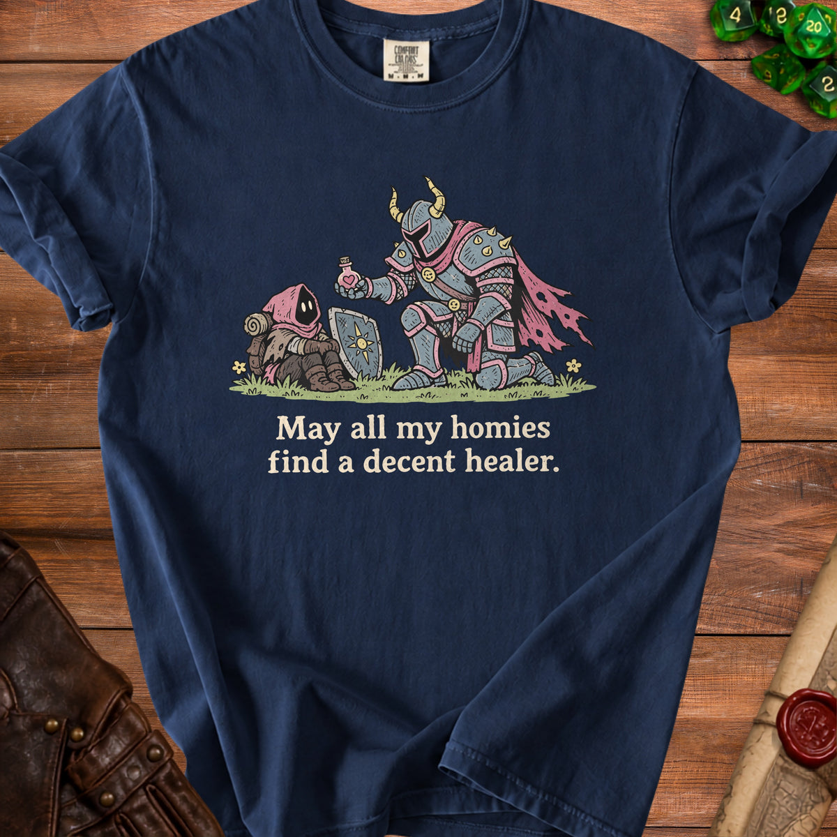 Knight offers potion to hooded figure with text "May all my homies find a decent healer."