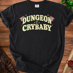 Black t-shirt with "Dungeon Crybaby" text, sword, and bat wings graphic.