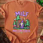 Orange t-shirt with cartoon wizard, trees, and the words "MILF MAN I LOVE FORESTS".