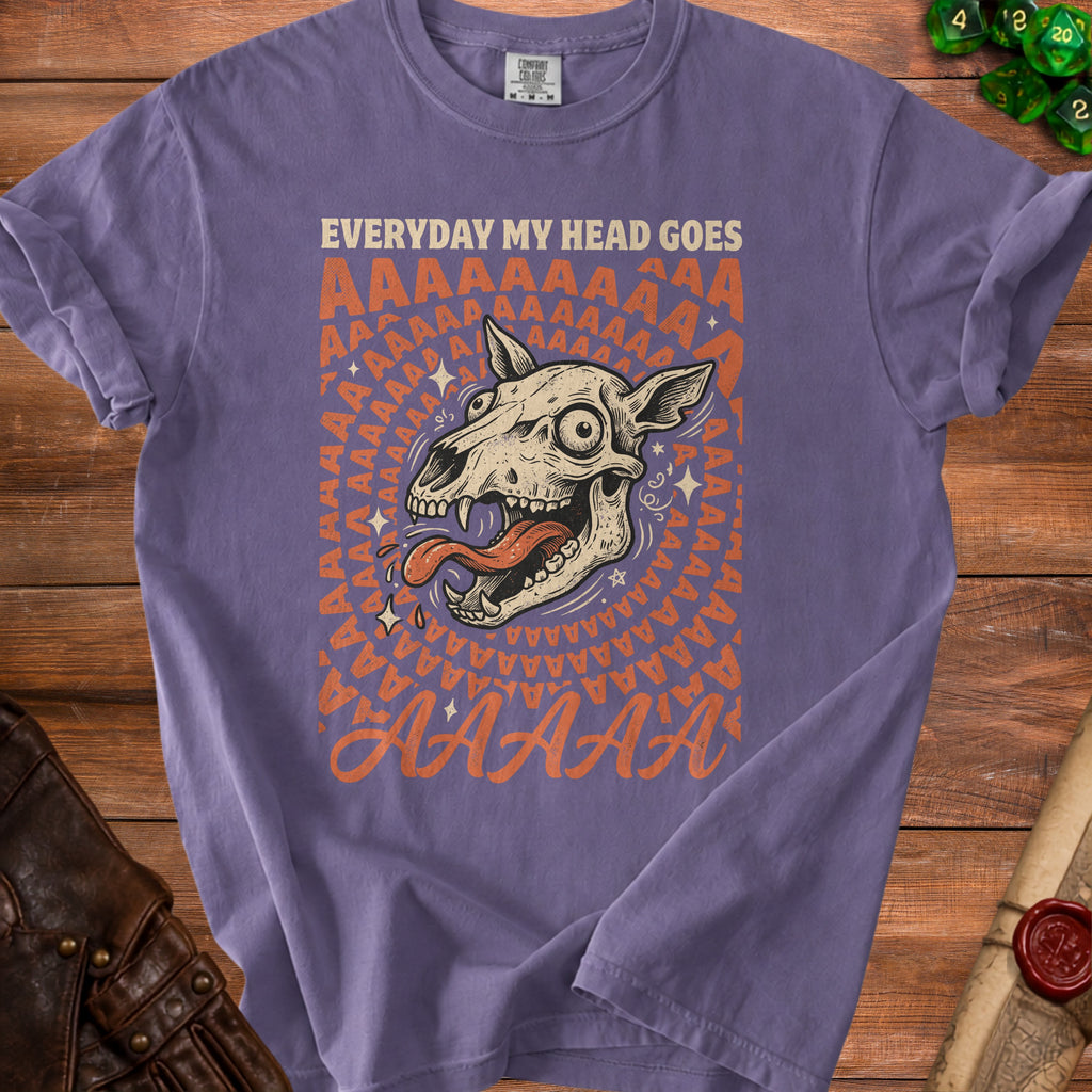 Purple t-shirt with a distressed graphic of a dog skull and the text "EVERYDAY MY HEAD GOES AAAAAAAA".