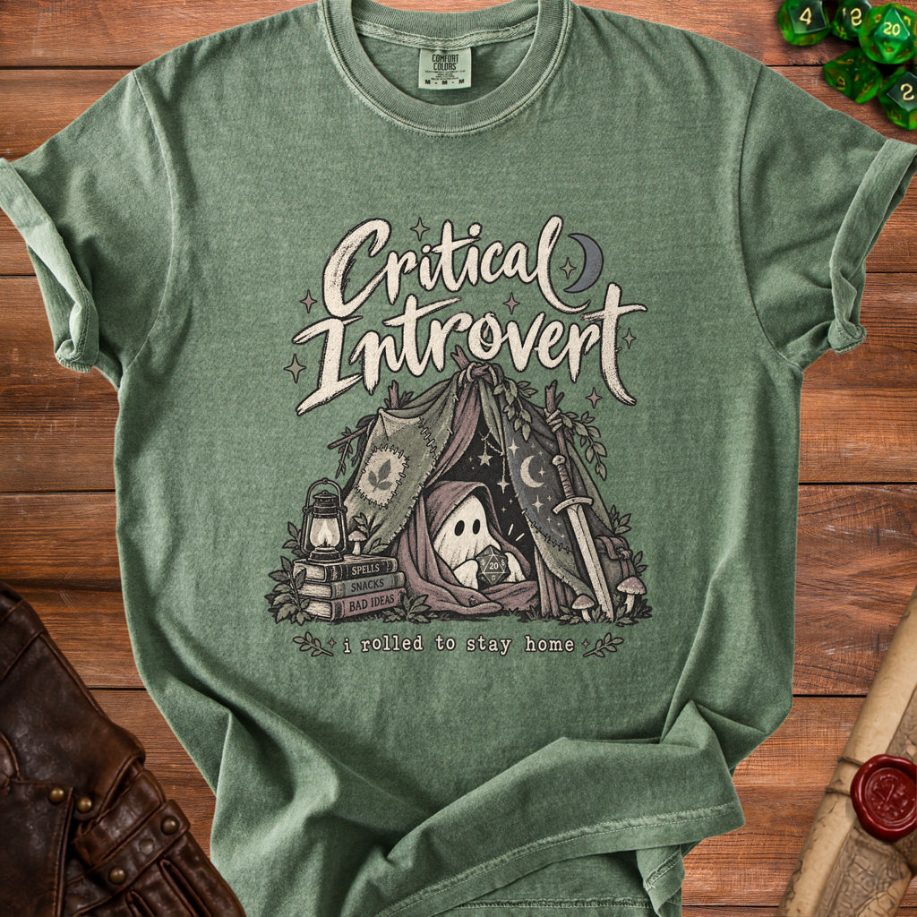 Green t-shirt with "Critical Introvert" and ghost in tent, "i rolled to stay home."
