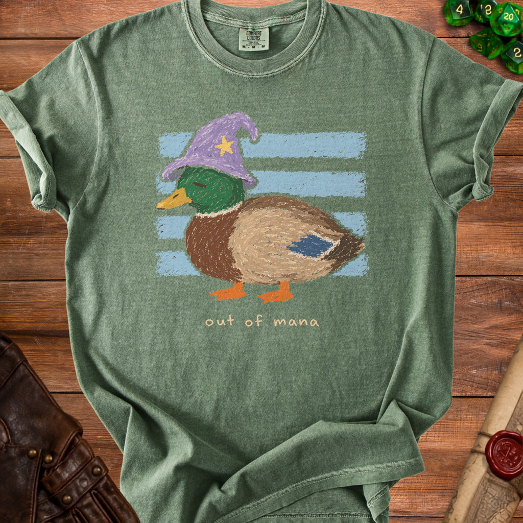 Green t-shirt with a mallard duck wearing a wizard hat and the text "out of mana".