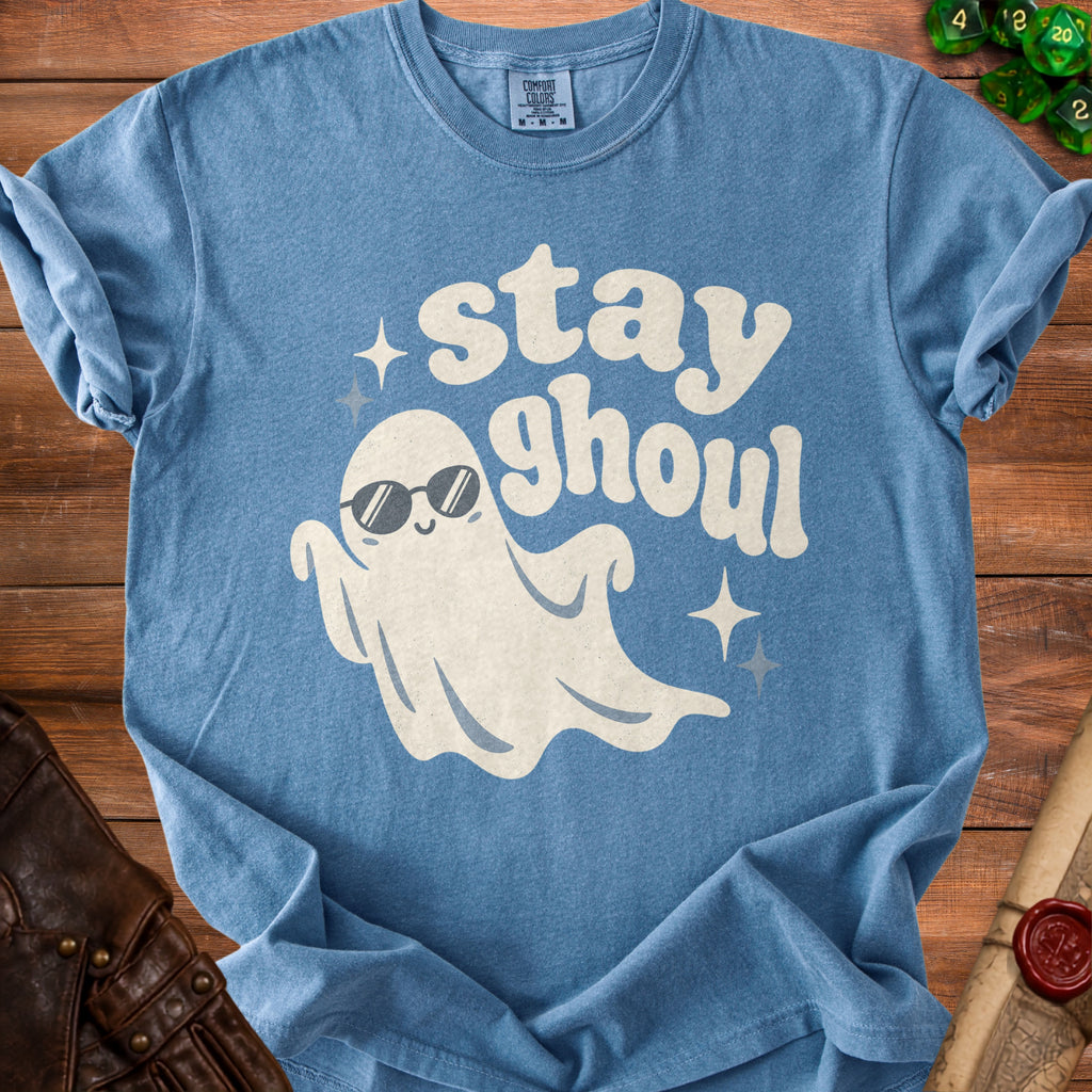 Blue t-shirt with "stay ghoul" text and sunglasses-wearing ghost graphic.