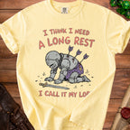 Yellow t-shirt with knight graphic, text reads "I THINK I NEED A LONG REST I CALL IT MY LOP".