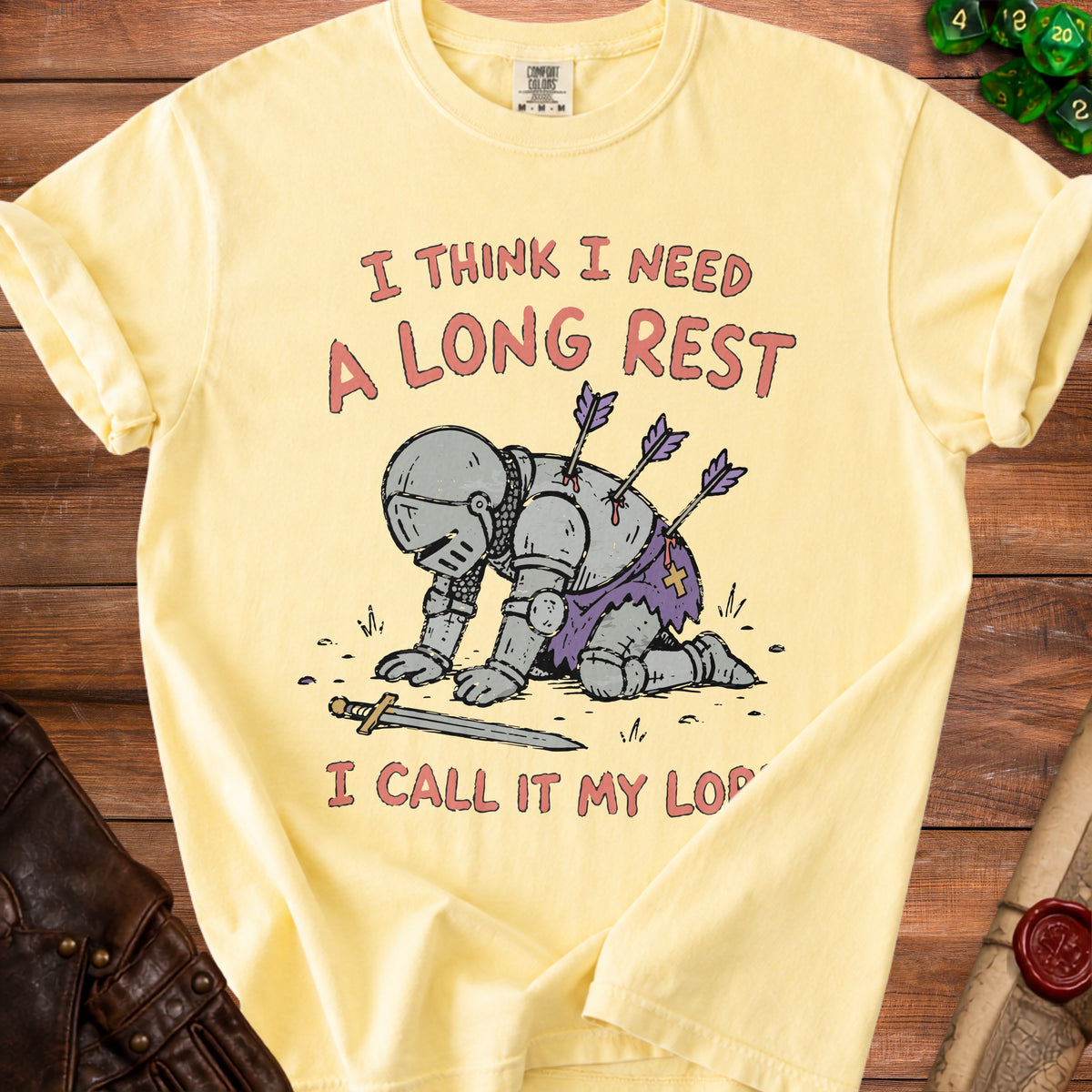 Yellow t-shirt with knight graphic, text reads "I THINK I NEED A LONG REST I CALL IT MY LOP".