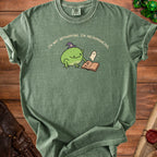 Green t-shirt with frog, ghost, and book graphic reading "I'm not networking. I'm necromancing."