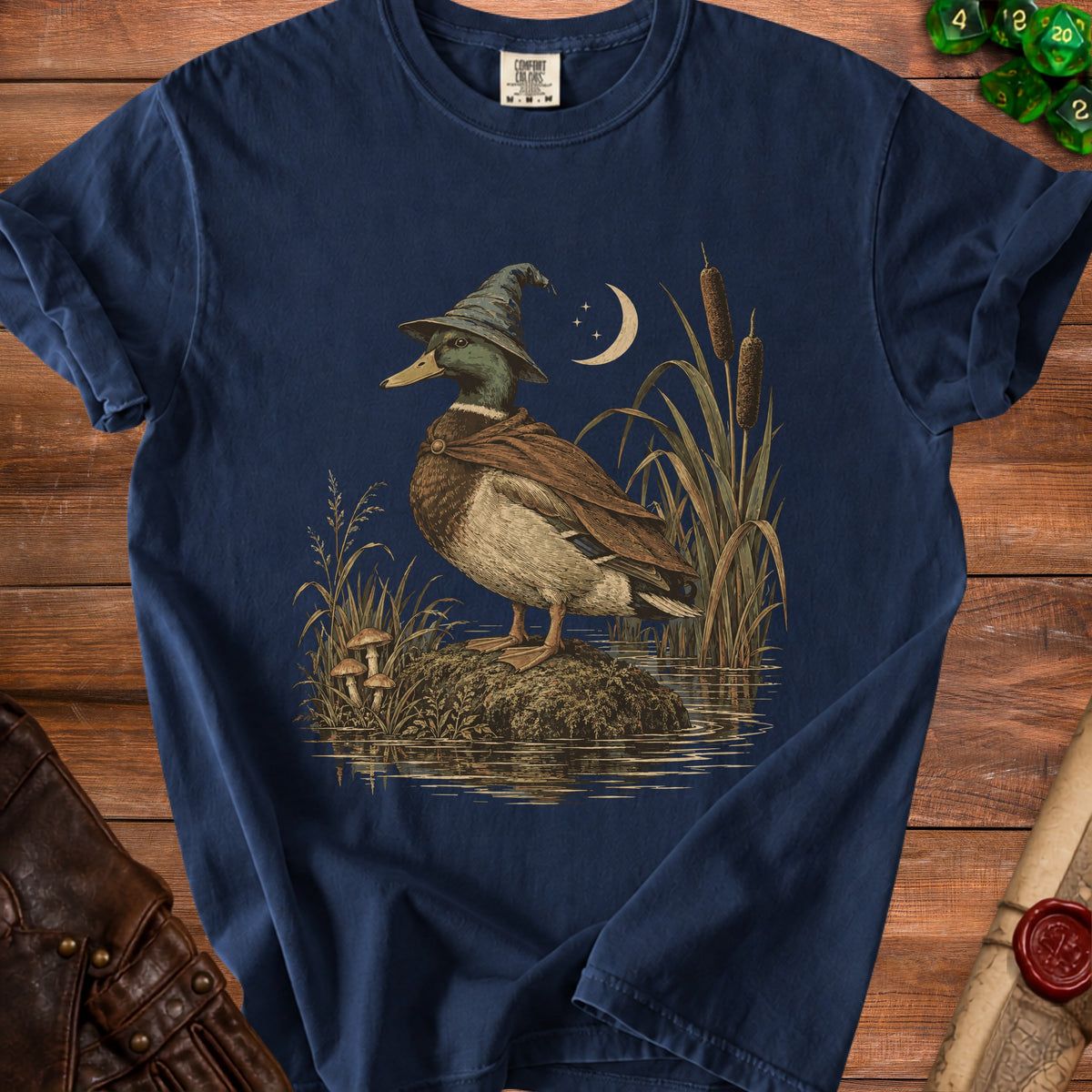 Duck wearing wizard hat and cape by moonlit pond with reeds and mushrooms.