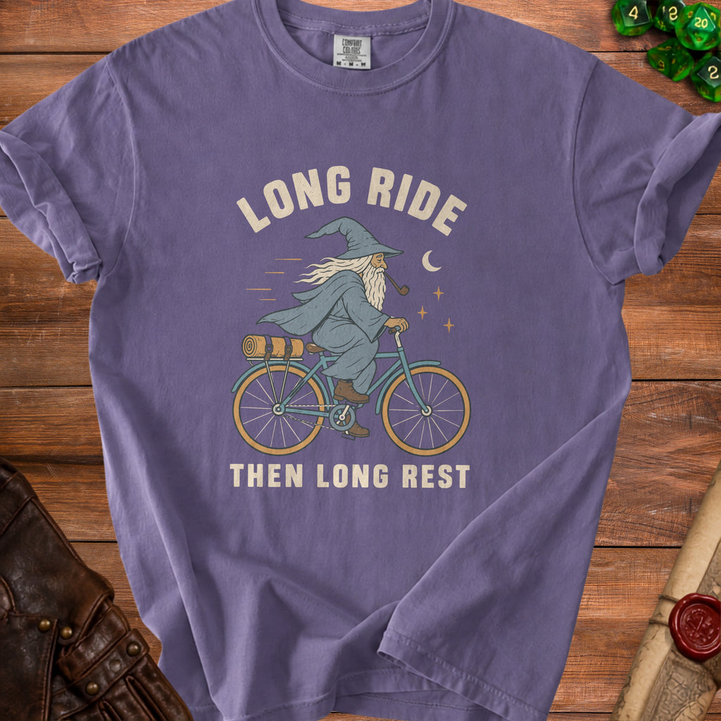 Wizard on a bicycle with text "LONG RIDE THEN LONG REST"