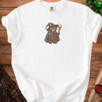 White t-shirt with a wizard bear graphic holding a book and wand.
