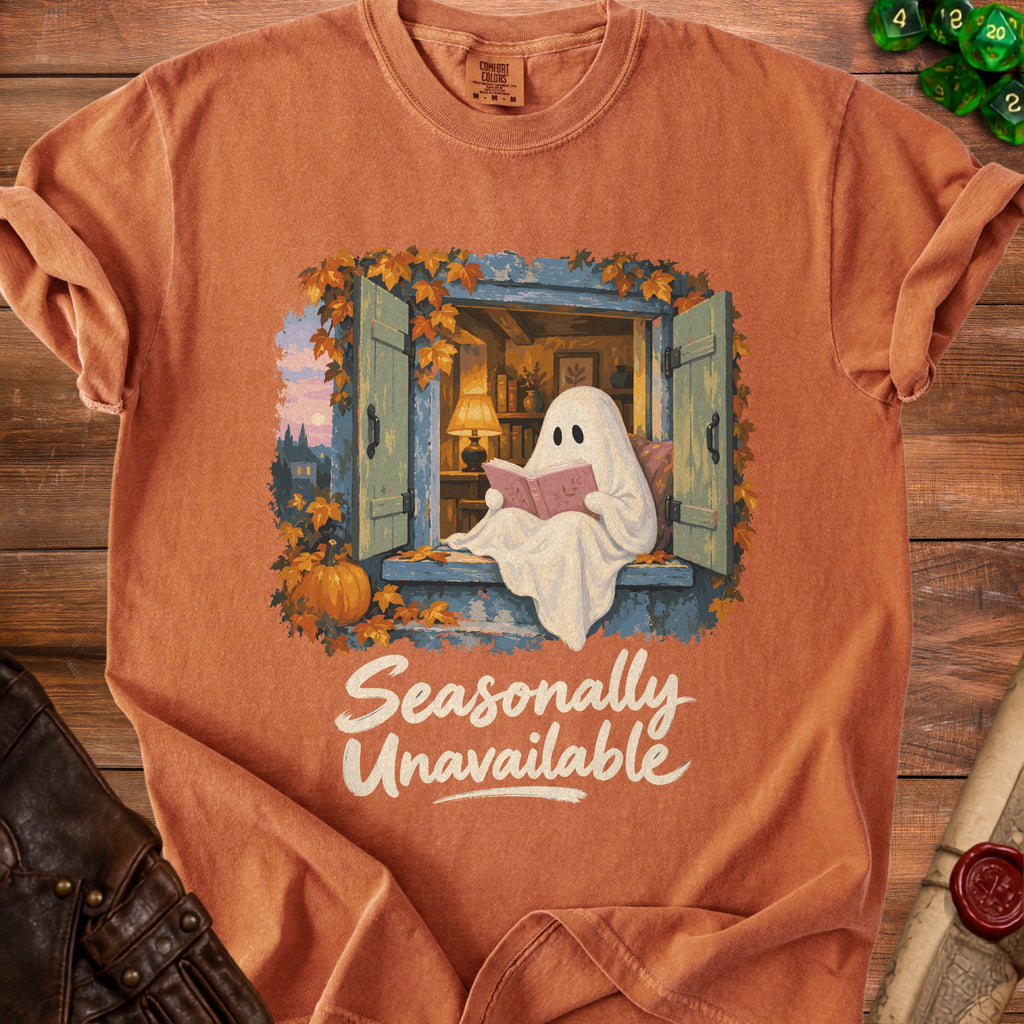 Ghost reading a book in a window with autumn leaves and text "Seasonally Unavailable".