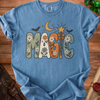 Blue t-shirt with "MAGIC" in retro letters, moon, star, and bats.