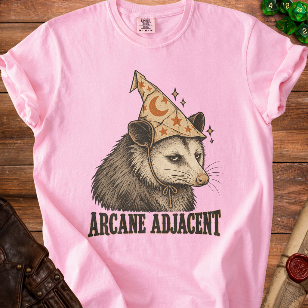 Pink t-shirt with opossum wearing wizard hat and "ARCANE ADJACENT" text.