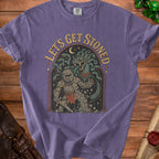 Knight fighting gorgon with text "Let's Get Stoned" on a purple t-shirt.