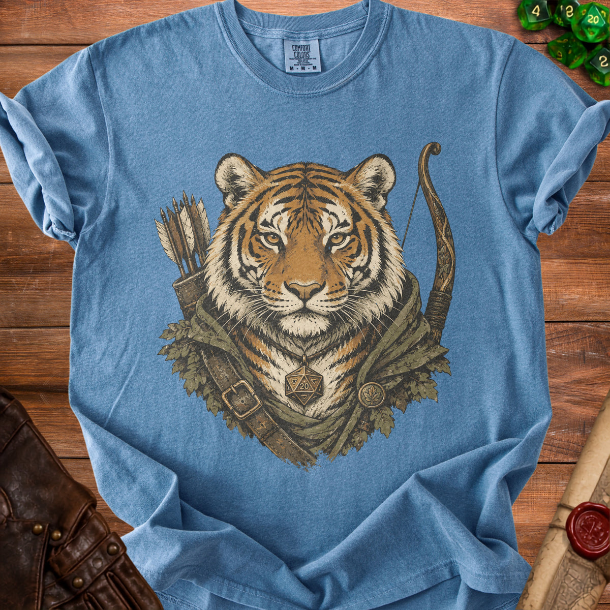T-shirt with a tiger wearing a quiver, bow, and a twenty-sided die pendant.