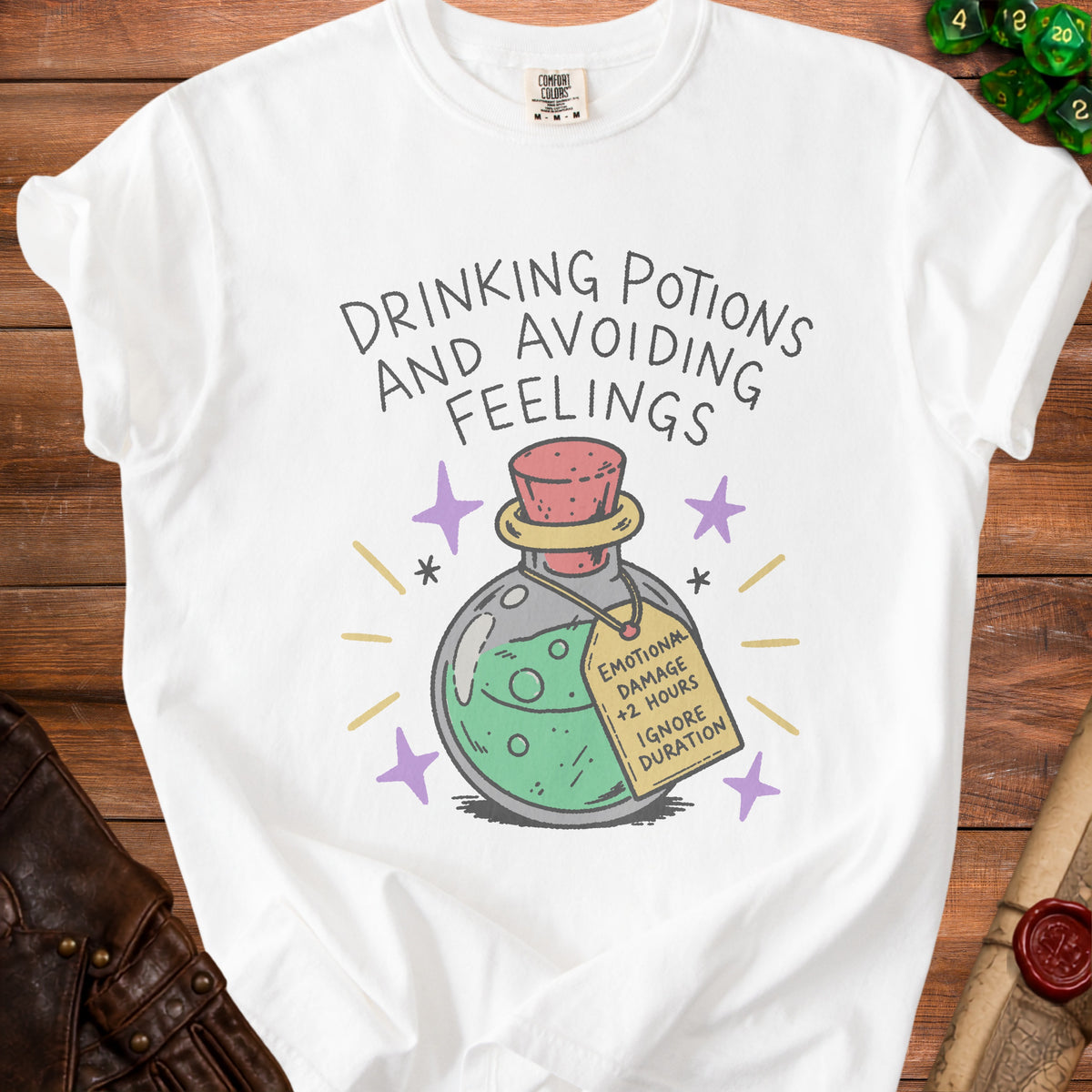 White t-shirt with text "Drinking Potions and Avoiding Feelings" and a potion bottle.
